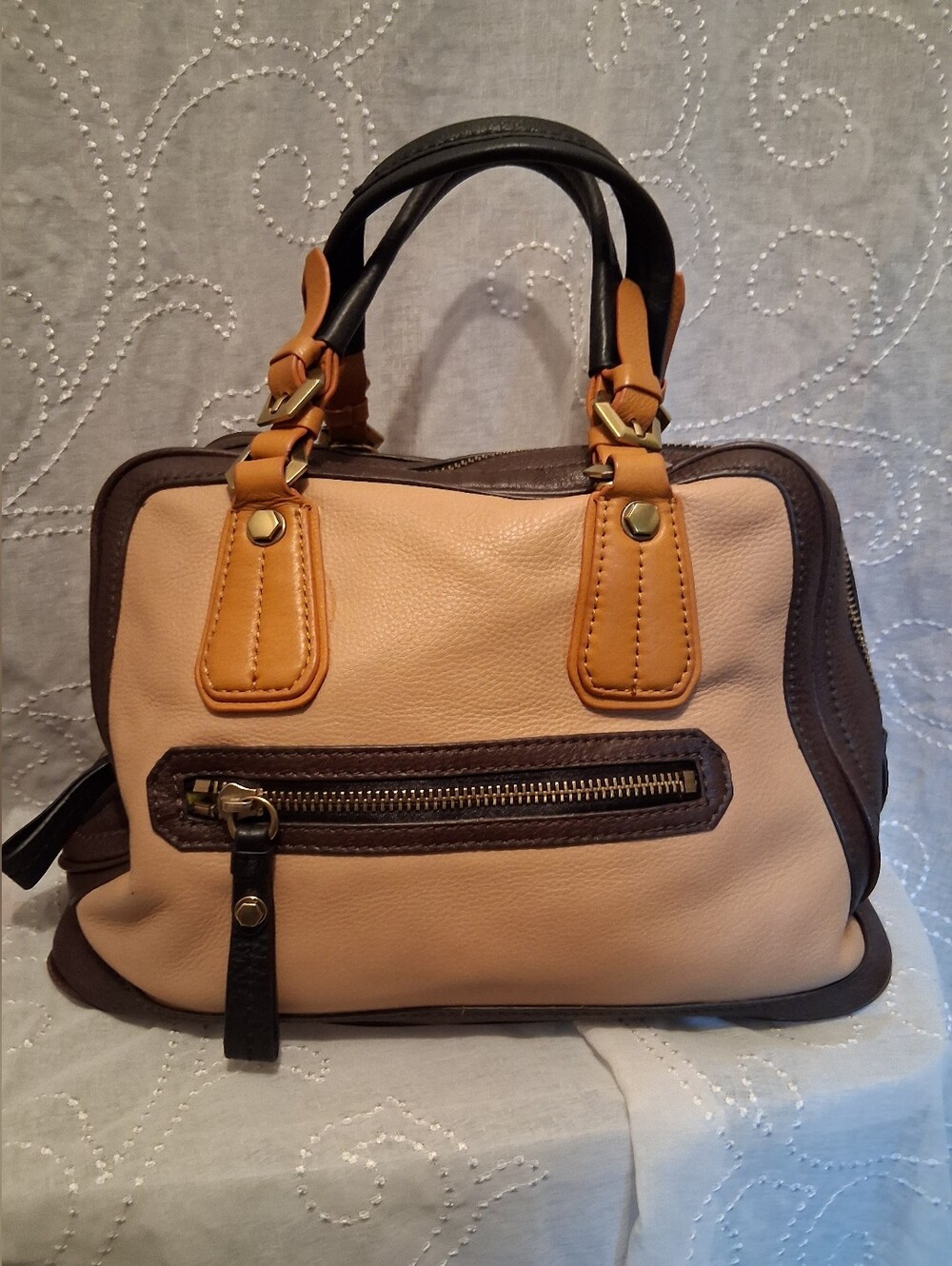 orYANY Beige and Brown Leather Satchel with Tan Accents